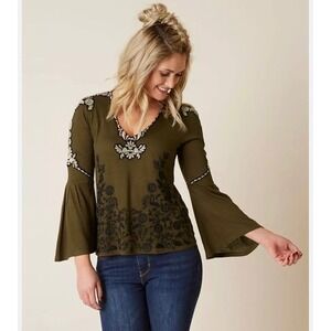 NWT Lucky Brand Boho Embroidered Bell Sleeve Top Linen L Festival Casual Retro